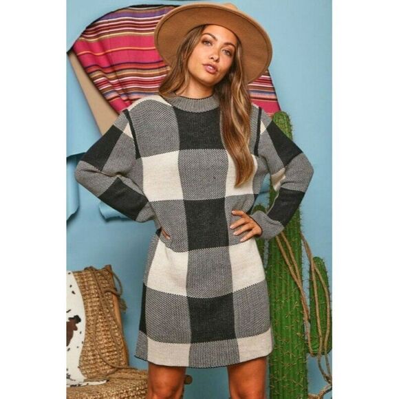 Fantastic Fawn Dresses & Skirts - SALE Fantastic Fawn Buffalo Plaid Black Cream Checker Sweater Dress IFKD23564-01